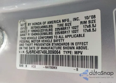 2009 Honda Cr-V Ex-L from USA, damaged, VIN 5J6RE48749L009064